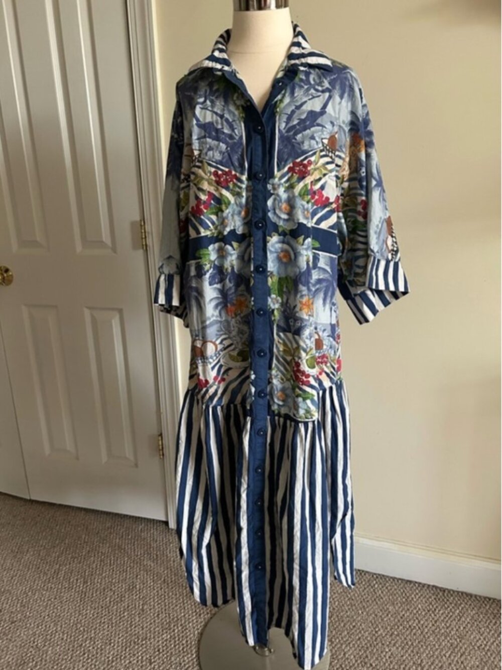 Farm Rio Blue Fresh Table Scarf Organic Cotton Midi Dress size L - Picture 3 of 9